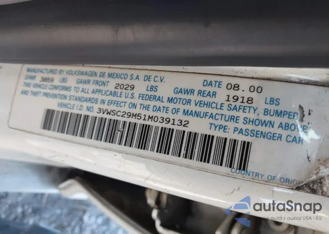 2001 Volkswagen Jetta Gls 1.8L Turbo z USA, uszkodzony, nr VIN 3VWSC29M51M039132